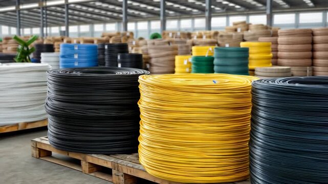 Colorful wire rolls organized in a warehouse showcase different types of wire material stored neatly on wooden pallets