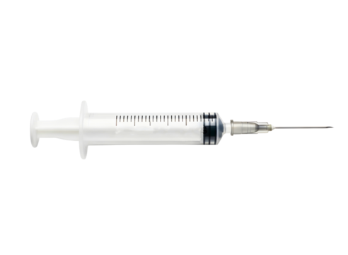 Medical syringe with blue liquid isolated on transparent background