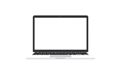Modern laptop against black background, open with a blank white screen, displayed in a front-facing view