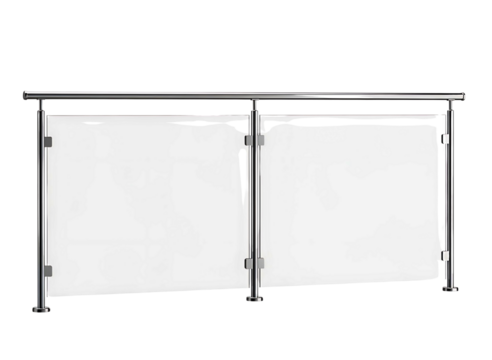 Modern glass balustrade with stainless steel posts isolated on transparent background