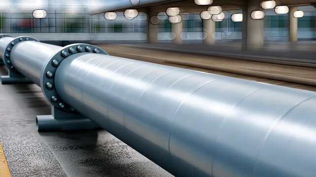 Industrial pipe installation at a modern train station showing detailed surface and connections