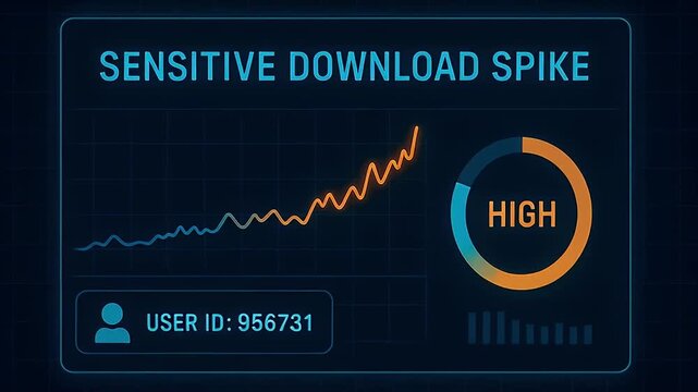 Sensitive download spike chart showing rising line graph high alert circular gauge analytics dashboard download trend spike graph high risk chart alert visualization user id badge card insight