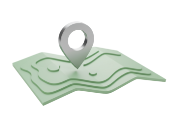 Isolated 3D topographic map with contour lines and a silver location pin for navigation travel and geographical destination concepts