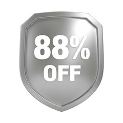 Glossy silver 88 percent off discount badge promotional icon shiny metal sale sign transparent background
