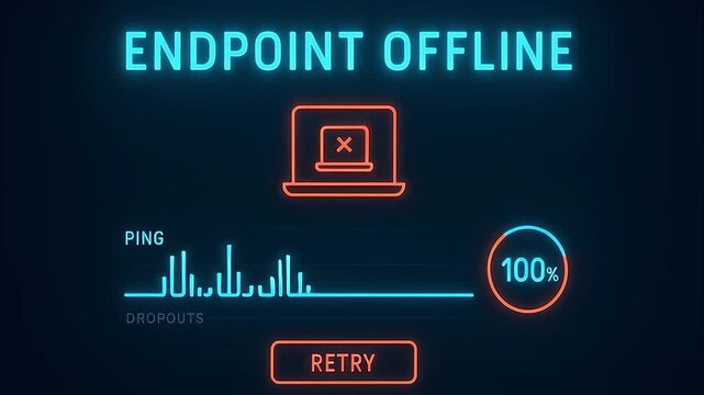 Endpoint offline neon status indicator laptop icon error ping graph retry connectivity network status offline notification loading percent alert frustrated user reconnect