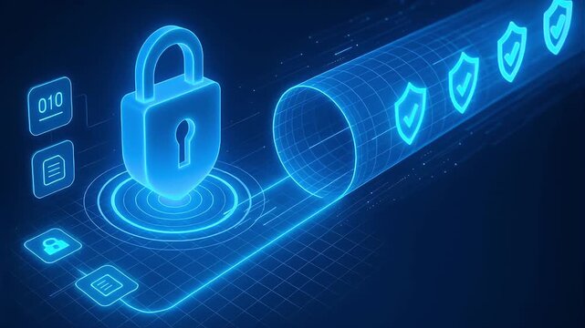 Secure digital data tunnel with glowing padlock and shield icons protecting flowing network traffic futuristic cybersecurity concept with neon blue grid binary elements secure digital tunnel forming