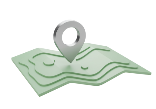 Isolated 3D topographic map with contour lines and a silver location pin for navigation travel and geographical destination concepts