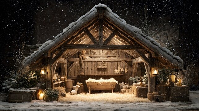 Christmas Nativity scene with wooden stable and starry night background