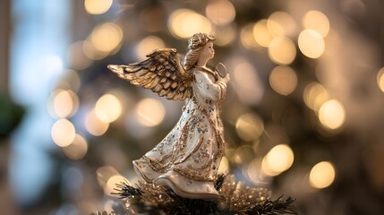 Christmas angel ornament with golden wings and bokeh lights in the background