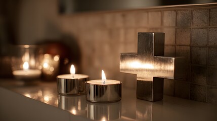 Candlelight and cross create a warm, inviting atmosphere for reflection and peace