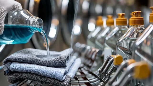 Pouring liquid detergent over stacked towels in a laundry facility during a busy day of washing