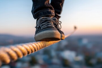 Close-up of sneakers walking on a high tightrope at sunset with a blurred cityscape below, symbolizing risk management, balance and overcoming fear