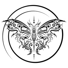 Gothic butterfly, spiral cybersigilism illustration of butterfly combining neo-tribal, and futuristic influences. Good for tattoos, dark art posters, fashion designs, album covers,  isolated on white