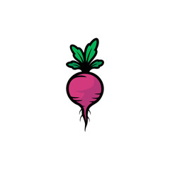 A stylized illustration of a vibrant purple radish with green leaves, isolated on white.