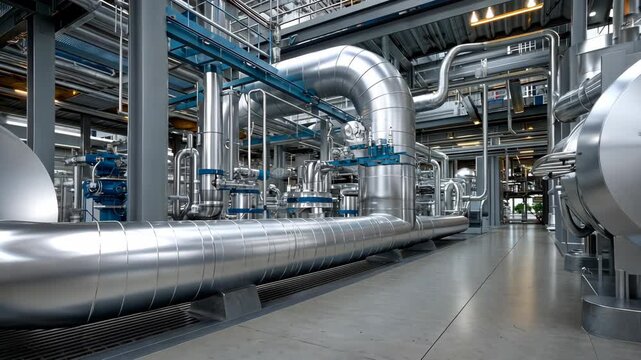 Exploration of a modern industrial facility showcasing advanced piping systems and machinery in a clean environment