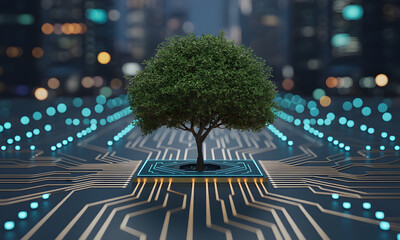 Vibrant green tree grows from futuristic circuit board, symbolizing tech and nature.