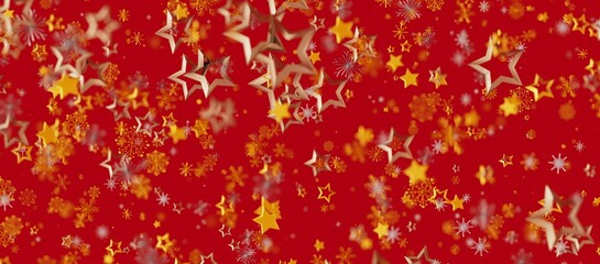 Festive abstract background featuring a red backdrop adorned with golden stars and snowflakes. Perfect for holidays and celebrations, it evokes