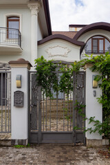 Ornate metal gate with climbing vines at entrance to luxury villa. Decorative security structure with stone pillars and wall sconces. Real photo