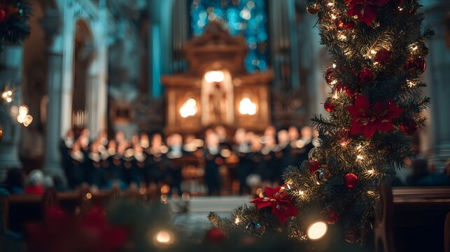 Christmas choir performance in a decorated church with festive lights