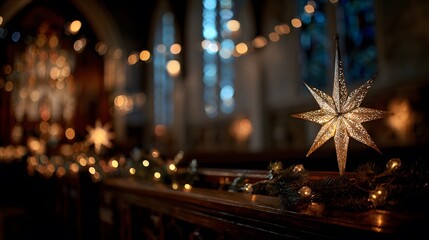 Christmas star decoration in a church with festive lights and bokeh