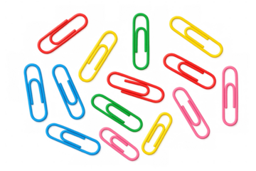 Many vibrant paper clips in red, blue, green, yellow, and pink colors, essential for organizing documents and papers