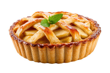 Golden brown lattice top apple pie dusted with powdered sugar and mint tart dessert, Isolated On Transparent Background, Png Cut Out