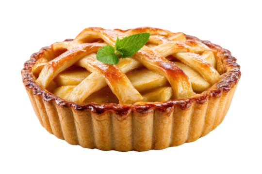 Golden brown lattice top apple pie dusted with powdered sugar and mint tart dessert, Isolated On Transparent Background, Png Cut Out