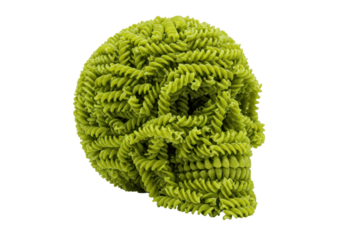 Green fusilli pasta skull isolated on transparent background PNG creative food art concept Halloween spooky scary food design