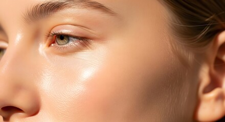 Fototapeta premium Close up of a woman's face showing her eye nose cheek and ear in soft focus and natural light