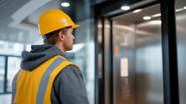 A service technician performing elevator maintenance while people wait nearby, representing safety management, engineering, and behind-the-scenes reliability of urban technology. cinematic color