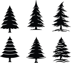 Elegant pine tree silhouettes for winter holidays and nature projects, perfect for logos, invitations, and festive designs with evergreen charm