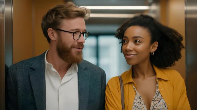 A friendly exchange between two coworkers inside an elevator, representing office culture, communication, and the small moments that build teamwork and trust. cinematic color correction, gentle