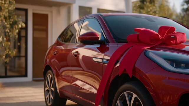 A brand-new car covered in a giant red bow parked in a driveway, symbolizing luxury gifting, celebration, joy, and milestone achievements for special occasions. cinematic color correction, gentle