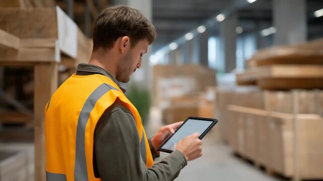 A contractor comparing prices and specifications of building materials on a digital tablet inside a construction store, representing digitalization, smart shopping, and business decision-making in