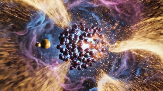 Animated cell exploding to reveal internal biological structure