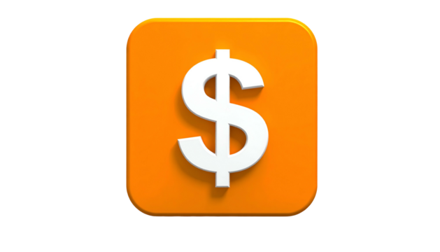 3D white dollar sign on rounded orange square, set against a black background