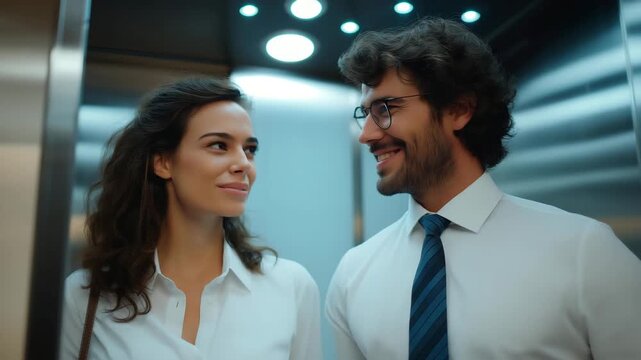 A friendly exchange between two coworkers inside an elevator, representing office culture, communication, and the small moments that build teamwork and trust. cinematic color correction, gentle
