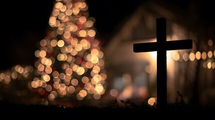 Christmas lights and cross silhouette at night, Christian holiday concept