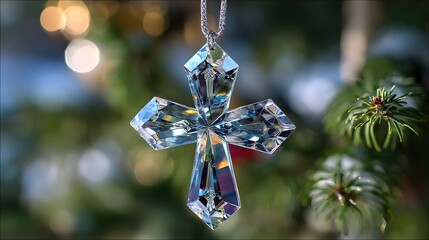 Sparkling crystal cross ornament hanging in front of a blurred background