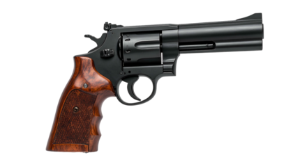 Dark revolver with wooden grip, barrel and cylinder, set against black