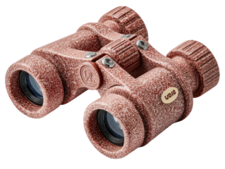 Speckled terracotta binoculars angled, close-up on black background