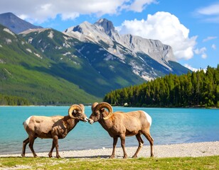 Naklejka premium Two bighorn sheep by a lake