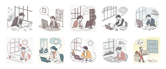 Set A person looking for ideas, to solve work problems, or uncertainties in a business or work context, vector illustration.