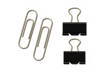 Office stationery set with metal paper clips and black binder clips, symbolizing organization and professionalism