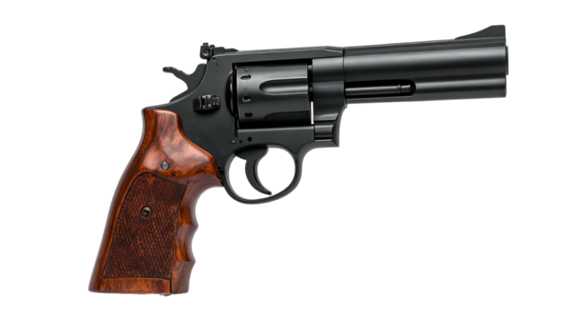 Dark revolver with wooden grip, barrel and cylinder, set against black