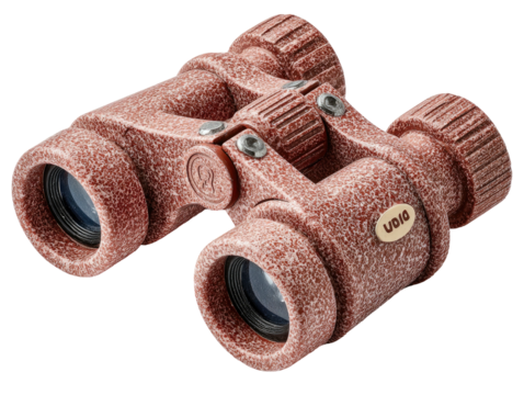 Speckled terracotta binoculars angled, close-up on black background