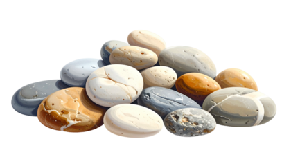 A pile of smooth, colorful stones with rounded edges, resting on a shadow
