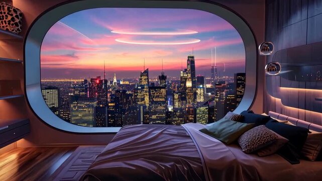 Futuristic Luxury Interior With Illuminated City View