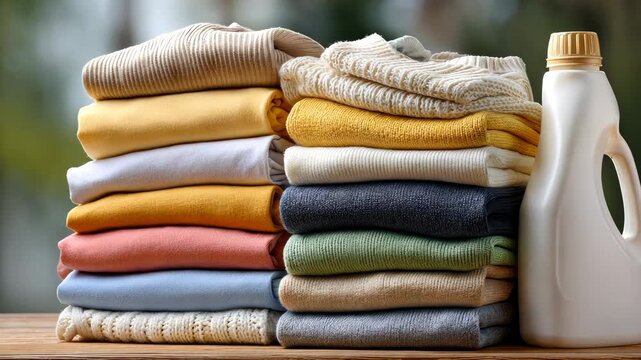 Colorful stack of freshly folded sweaters beside laundry detergent on wooden surface in bright, natural light
