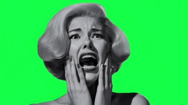 close up of a terrified schocked blonde woman screaming, scared blonde girl, old black and white horror movie, halloween, retro style, isolated green screen looping video